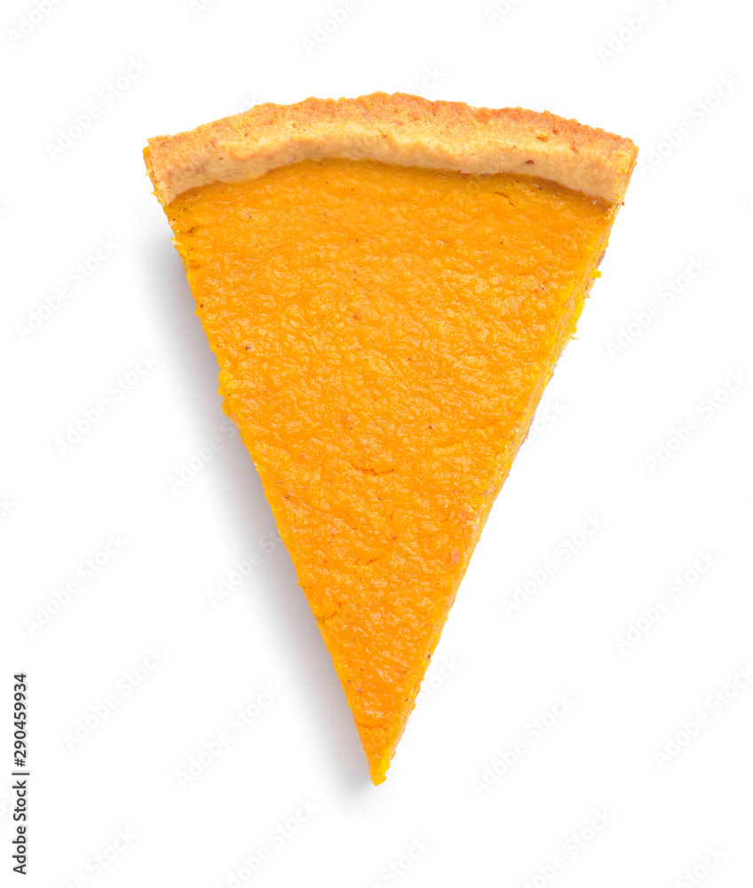 Piece of tasty pumpkin pie on white background