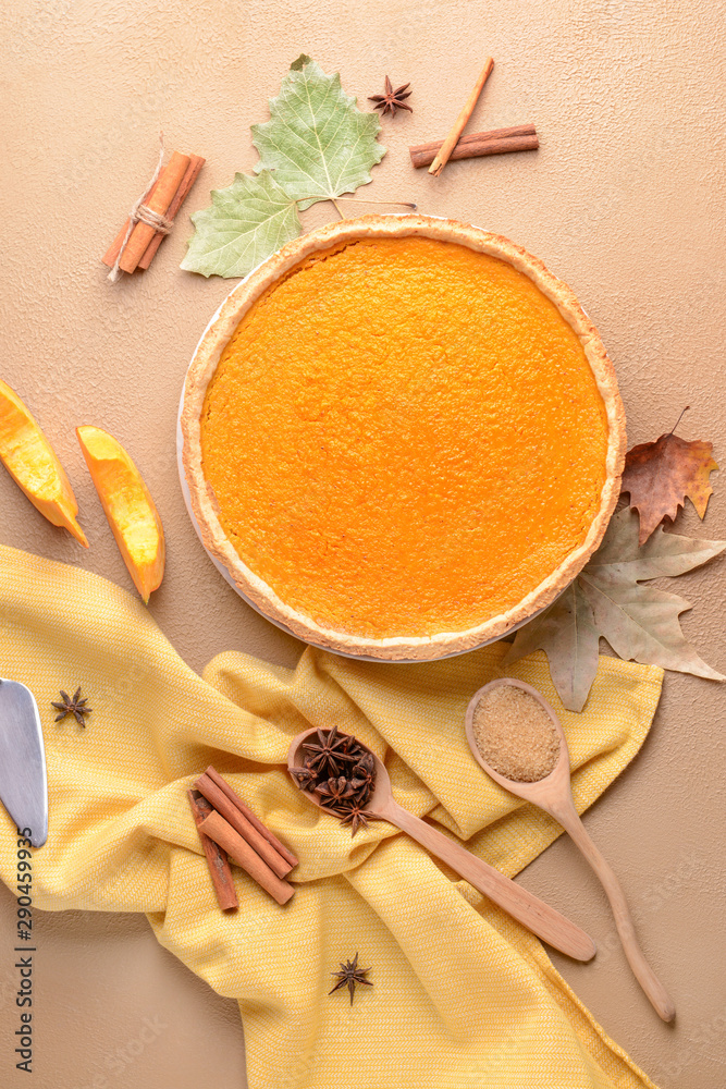 Tasty pumpkin pie on color background