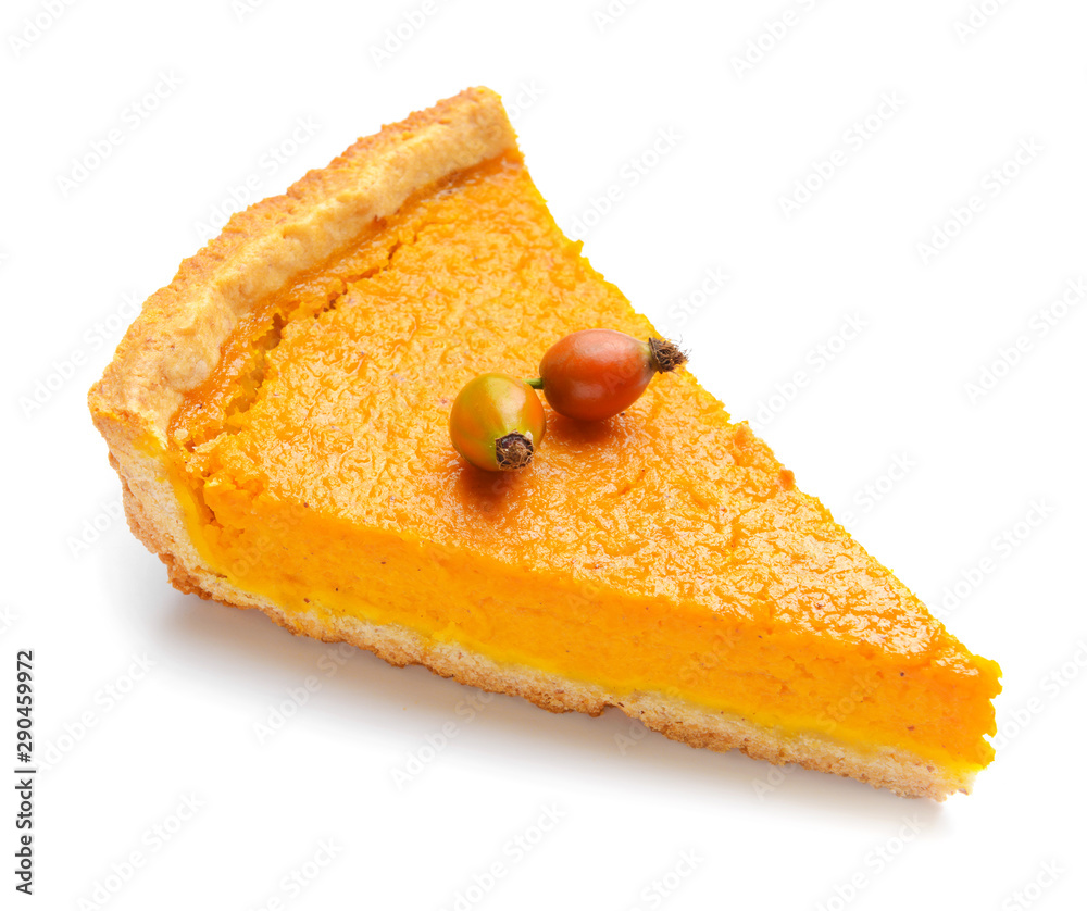 Piece of tasty pumpkin pie on white background