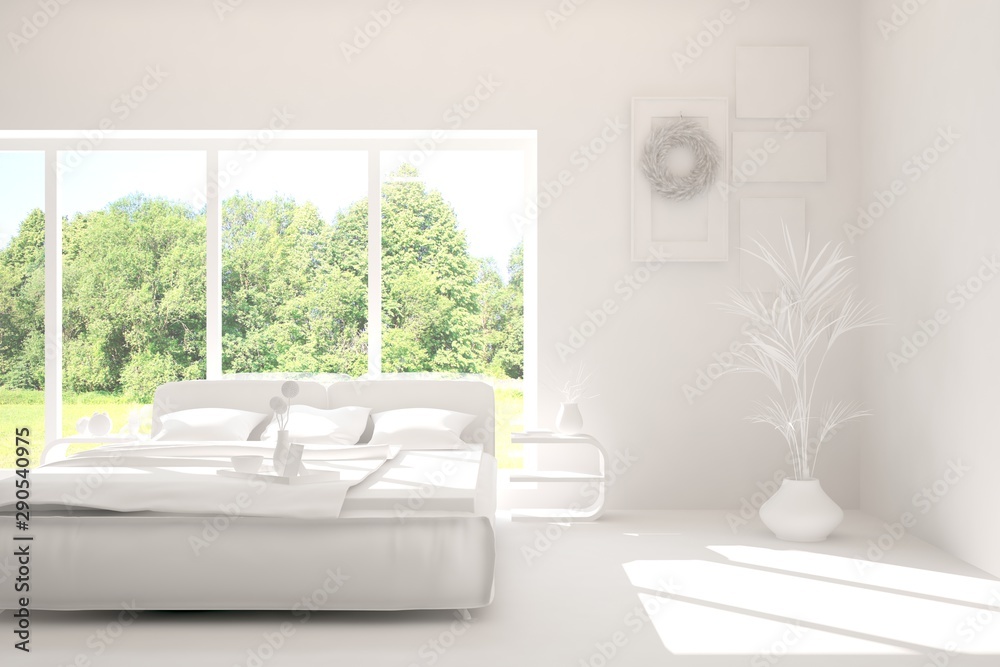 Modern bedroom in white color. Scandinavian interior design. 3D illustration