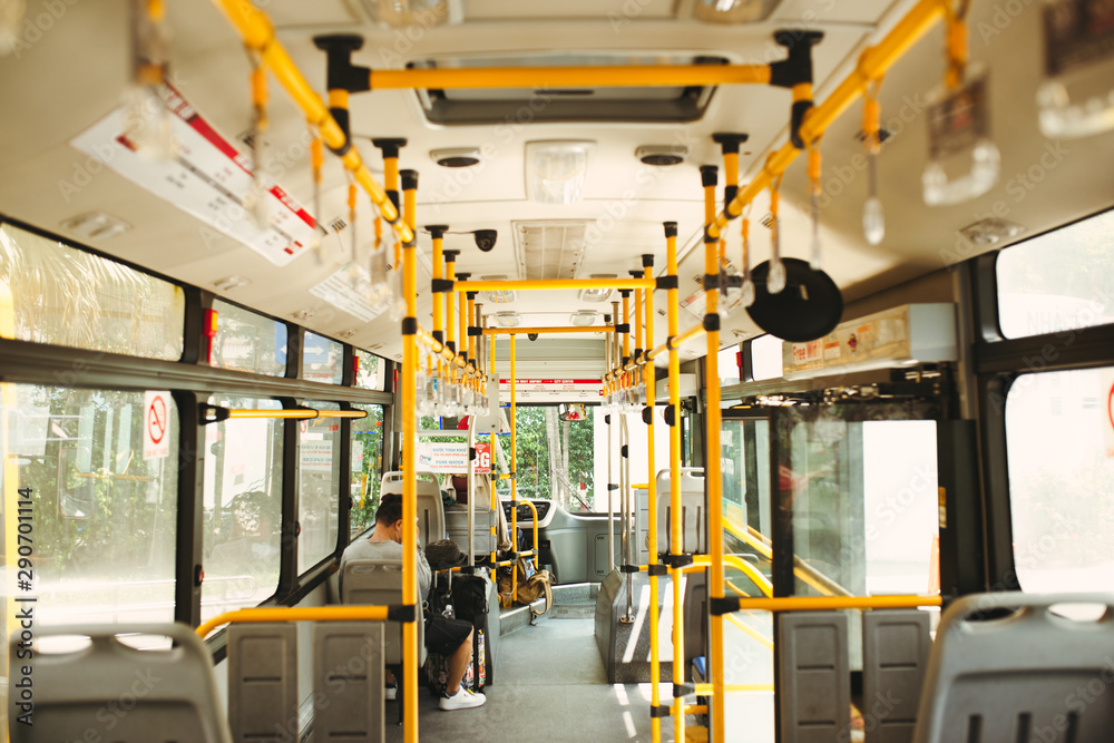 HO CHI MINH CITY, VIETNAM - 22 JULY, 2017: Public transportation. Interior of modern city bus