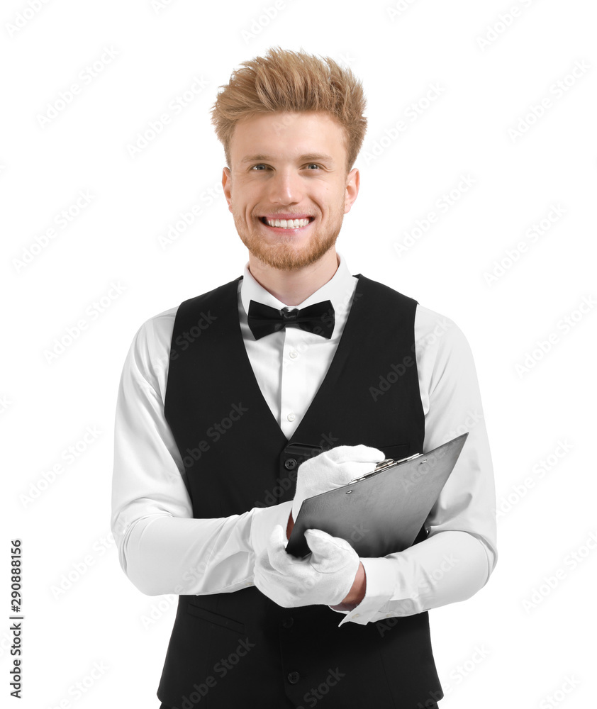 Handsome waiter with clipboard on white background