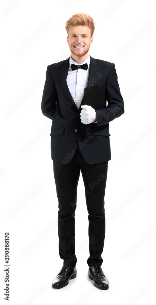 Handsome waiter on white background