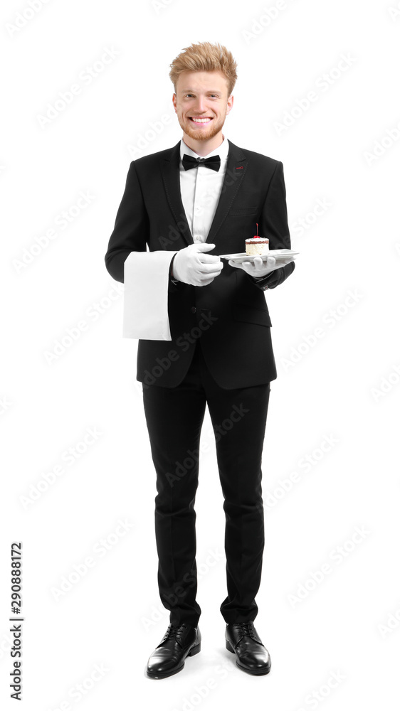 Handsome waiter with dessert on white background