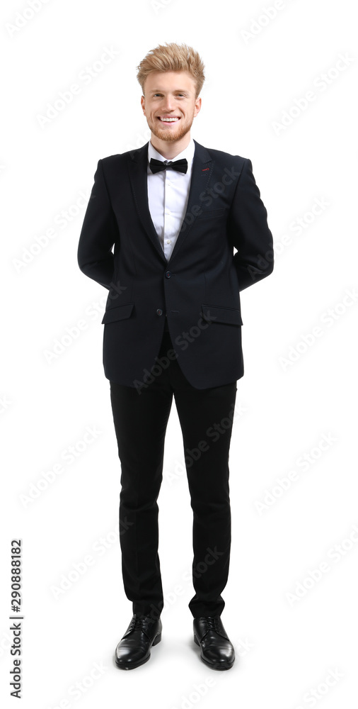 Handsome waiter on white background