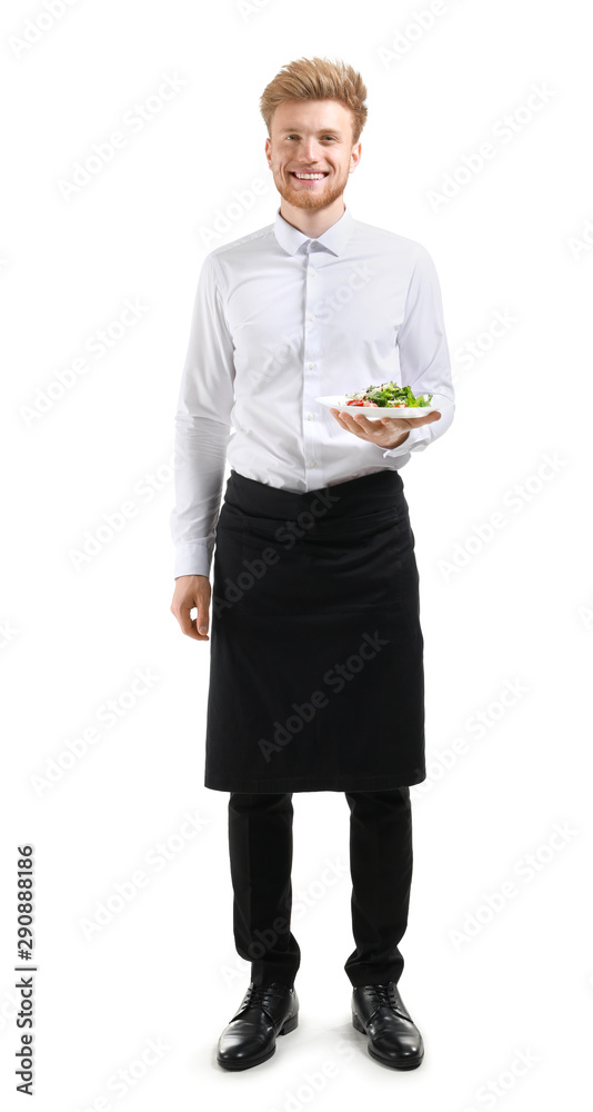 Handsome waiter with salad on white background