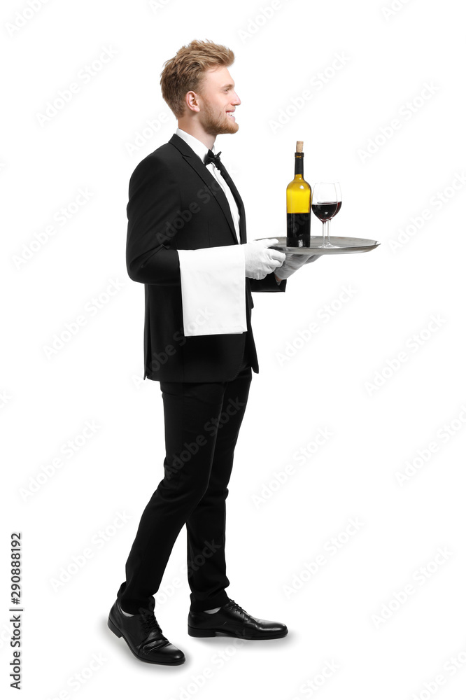 Handsome waiter with wine on white background