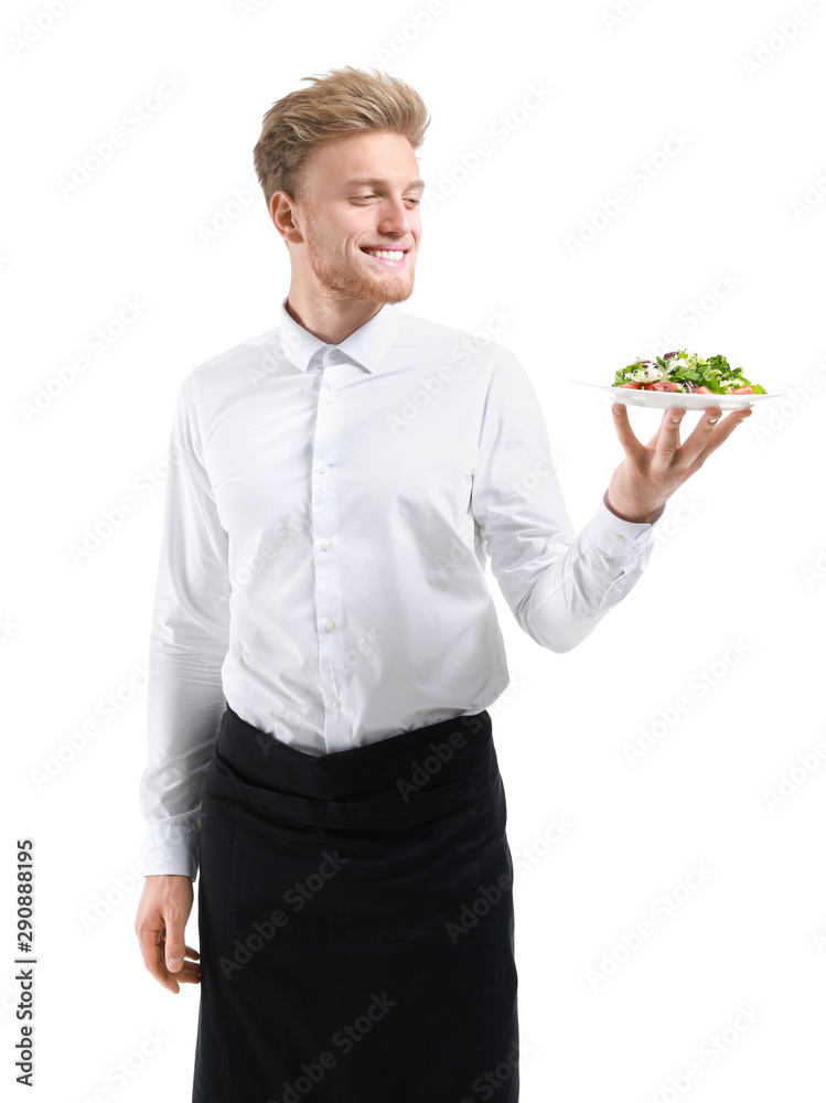 Handsome waiter with salad on white background