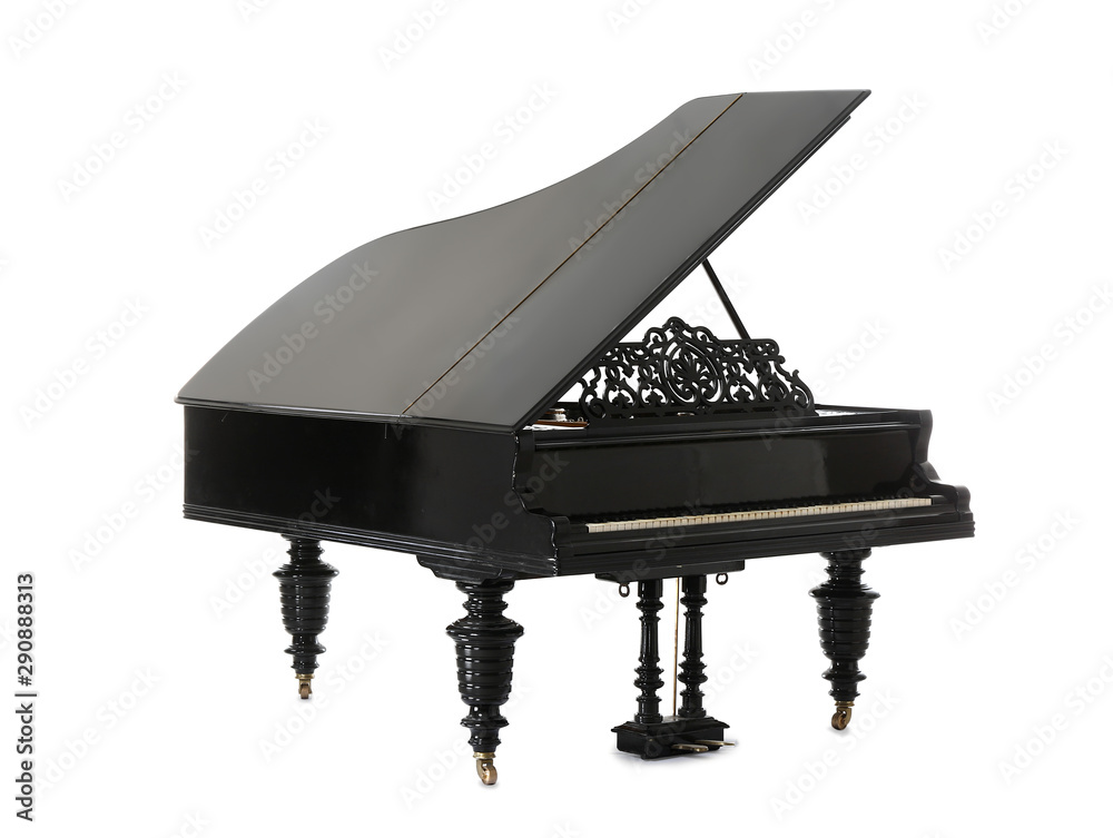 Black grand piano on white background