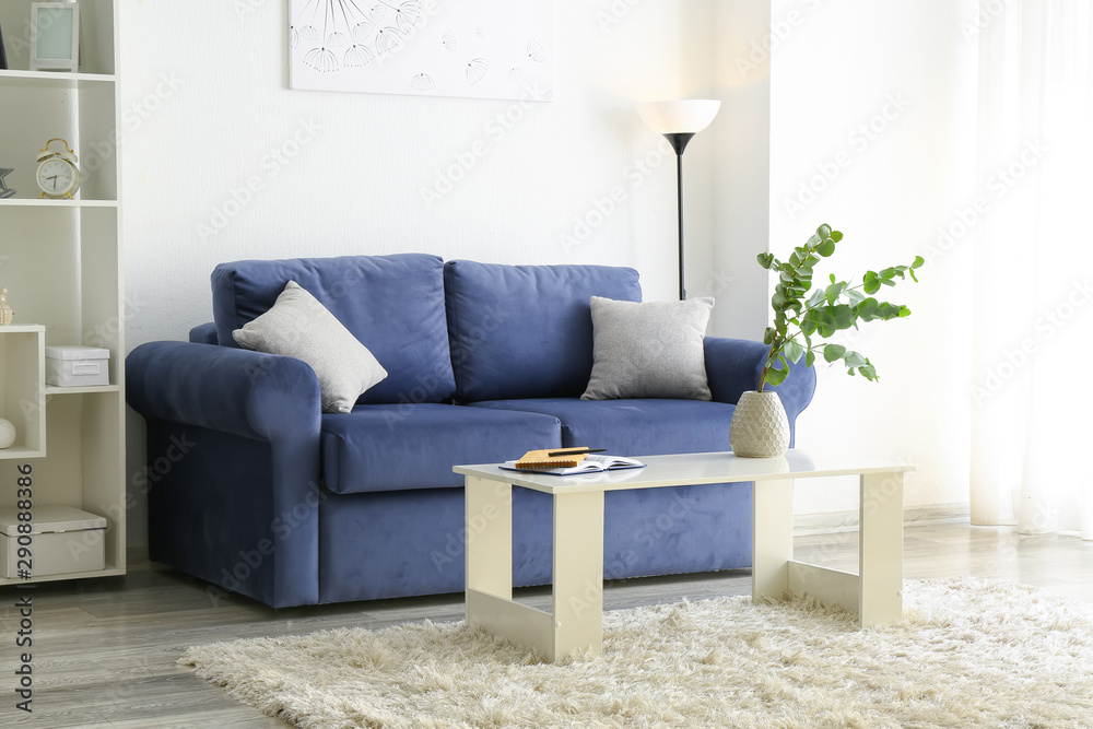 Stylish interior of room with sofa and eucalyptus branches in vase on table