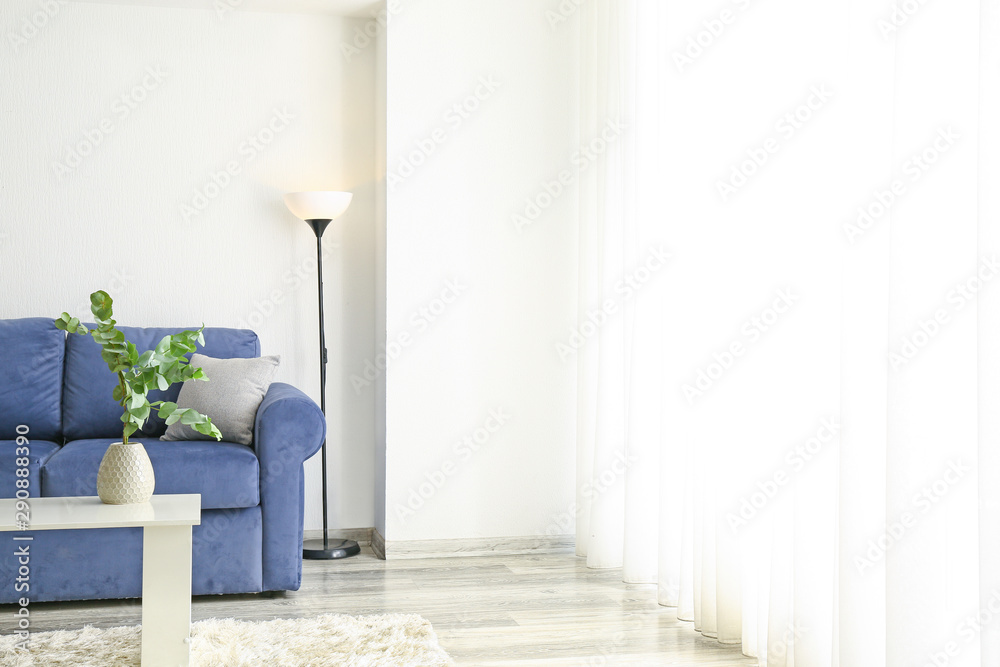 Stylish interior of room with sofa and eucalyptus branches in vase on table