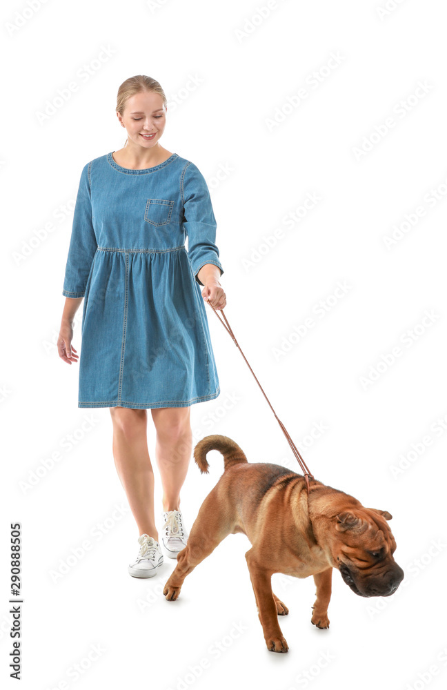 Walking woman with cute dog on white background