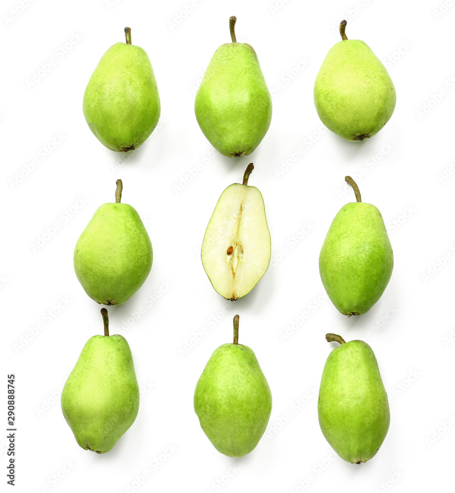 Whole pears and one half on white background. Concept of uniqueness