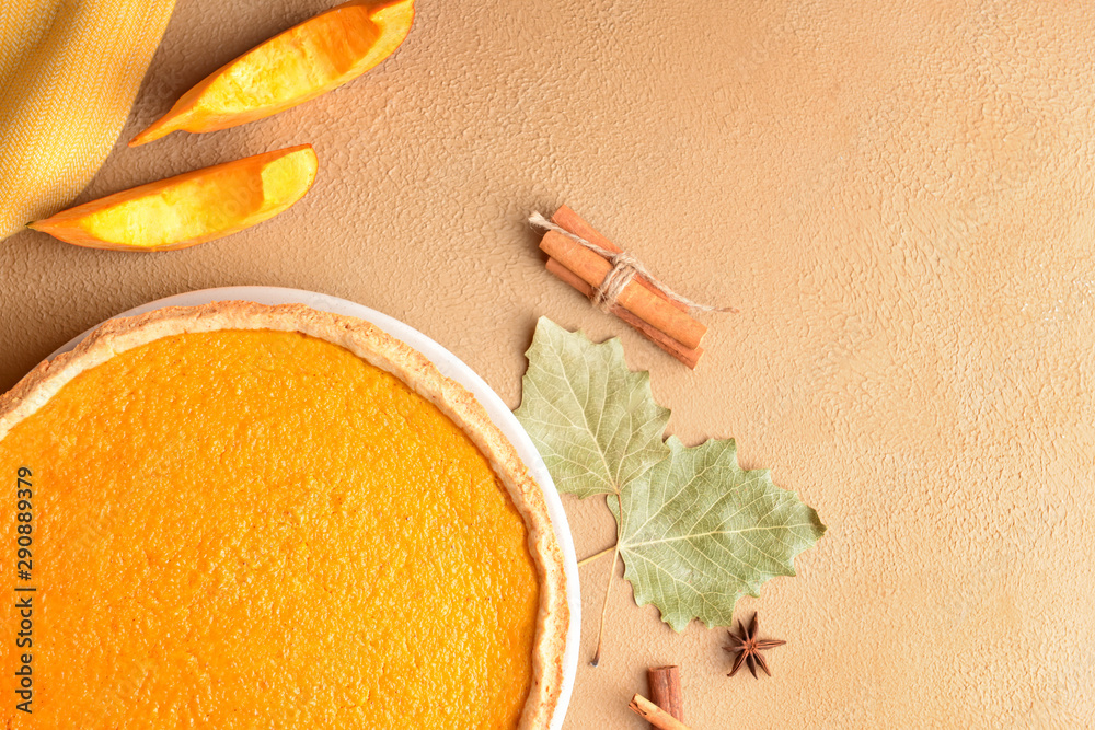 Tasty pumpkin pie on color background