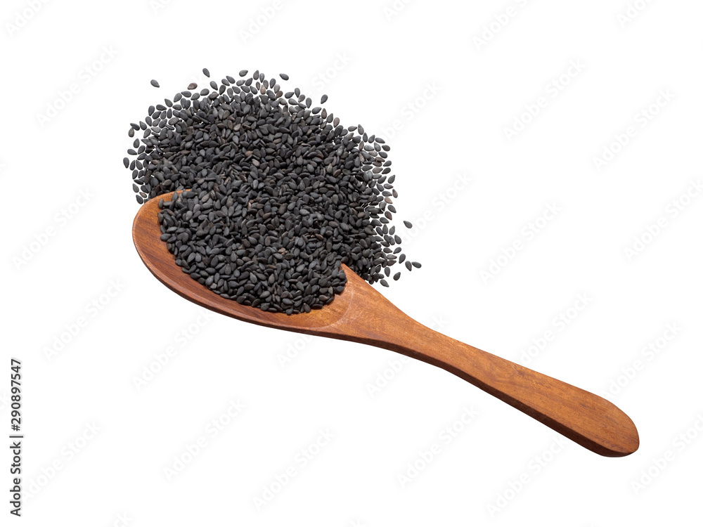 Black sesame seeds in wooden spoon and spread isolated on white background.Scientific name is Sesamu