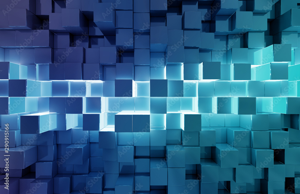 Glowing black and blue squares background pattern 3D rendering