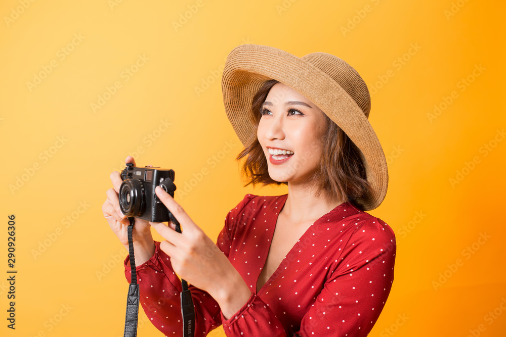 Happy travel woman take a picture by black camera, Asian beauty