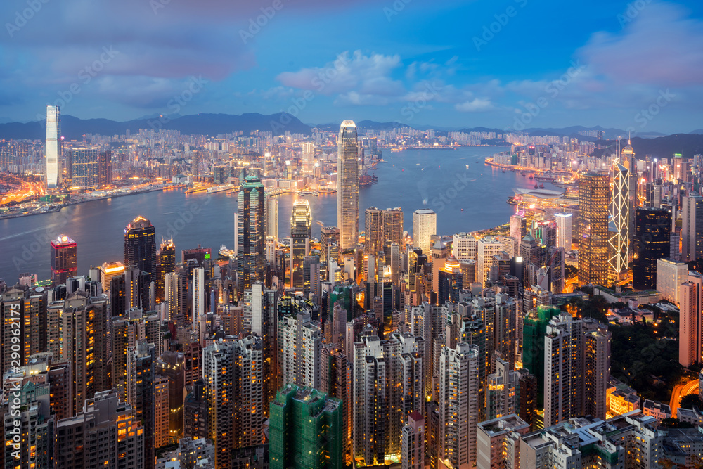 Hong Kong in Kowloon area skyline view from Victoria Peak in Hong Kong. Asian tourism, modern city l