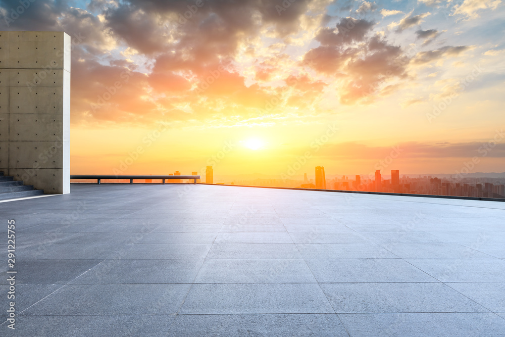 Chongqing skyline and modern buildings with empty square floor at sunset,high angle view.