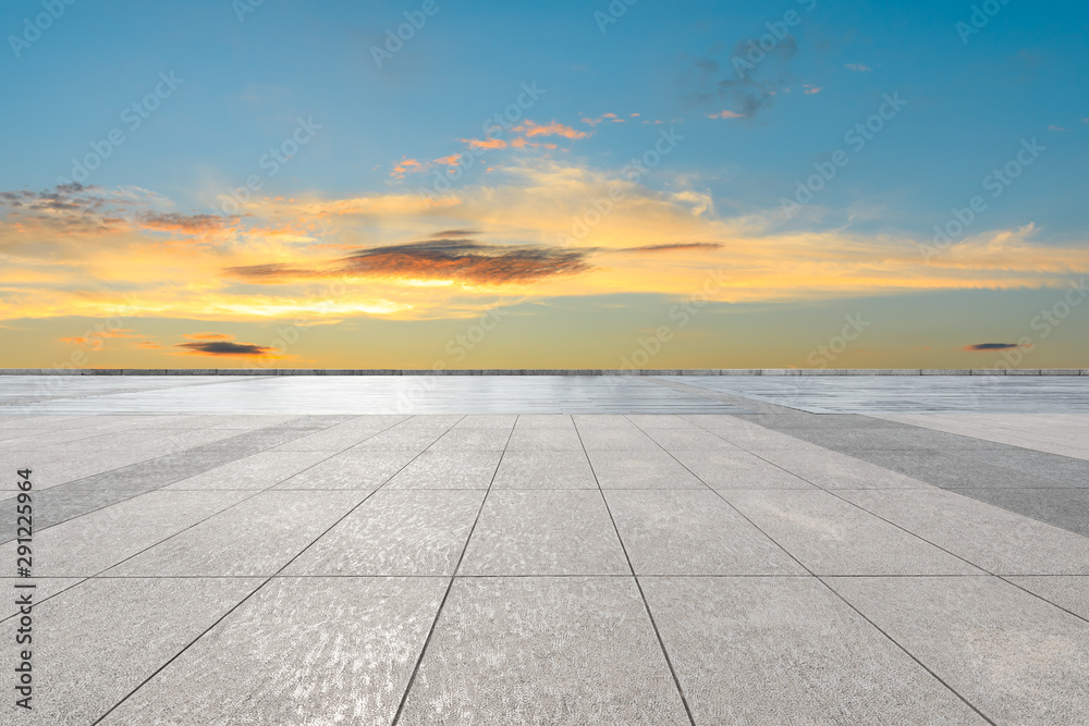 Empty square floor and beautiful sunset clouds