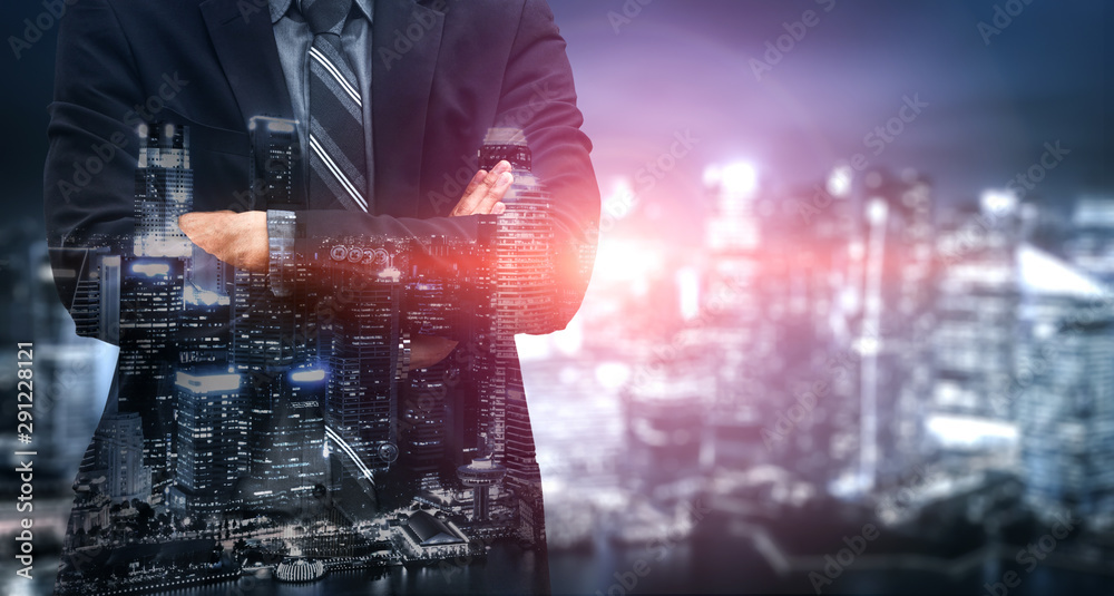 Double Exposure Image of Business Person on modern city background. Future business and communicatio