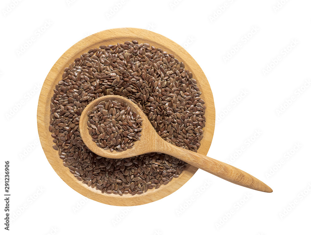 Flaxseed or linseed in wooden spoon on the wooden tray isolated on white background.Herb, cereal, To