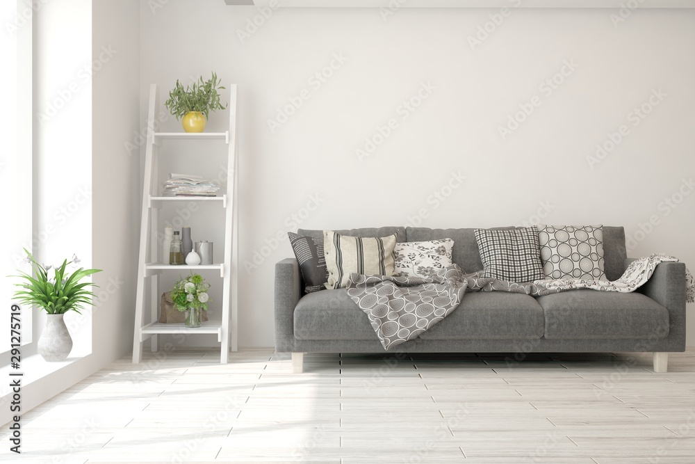 Stylish room in white color with sofa. Scandinavian interior design. 3D illustration