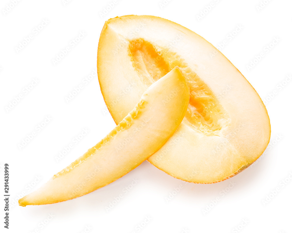 Slices of ripe melon on white background