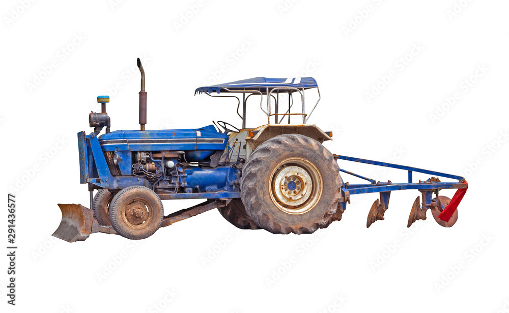 Old Tractor country style blue colour dirty from work isolated on white background.