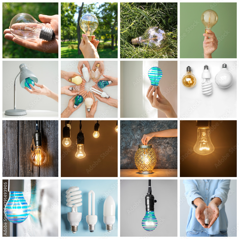 Collage with different light bulbs