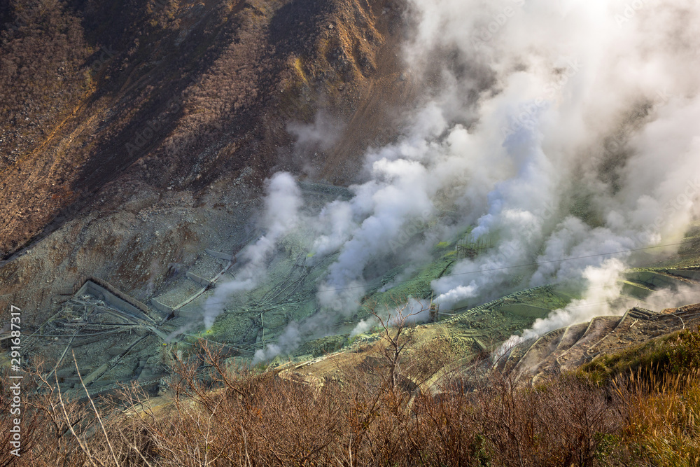 日本富士火山Owakudani的活性硫喷口