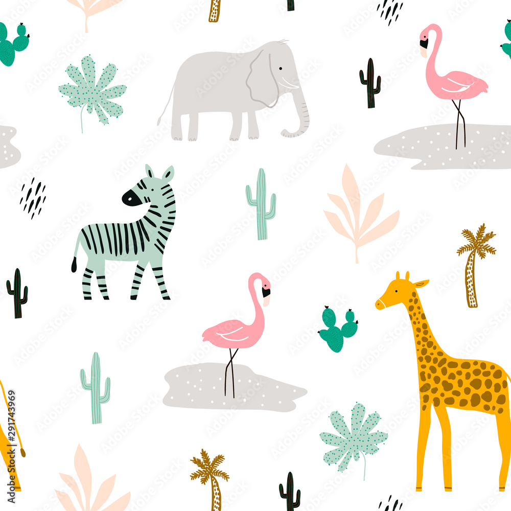 Seamless childish pattern with african animals. Creative scandinavian kids texture for fabric, wrapp