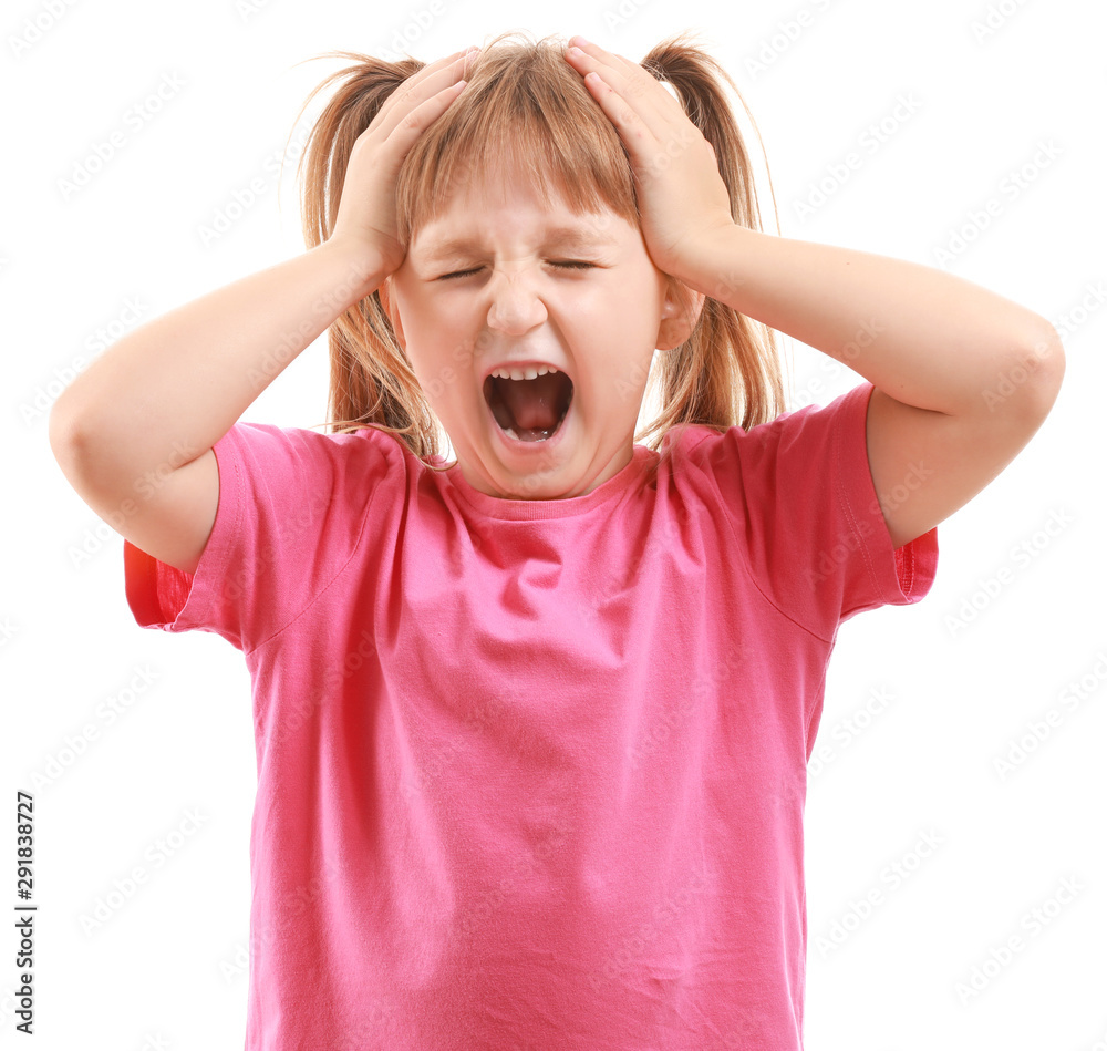 Portrait of angry little girl on white background