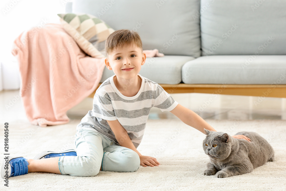 家里有一只可爱的猫的小男孩