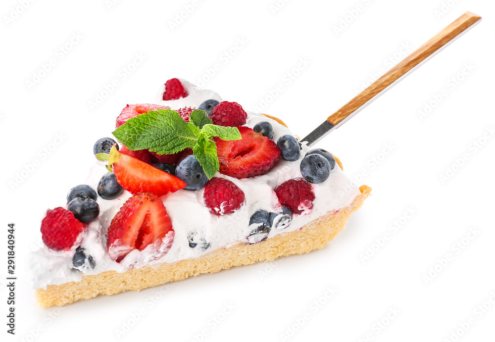 Spatula with piece of tasty berry pie on white background