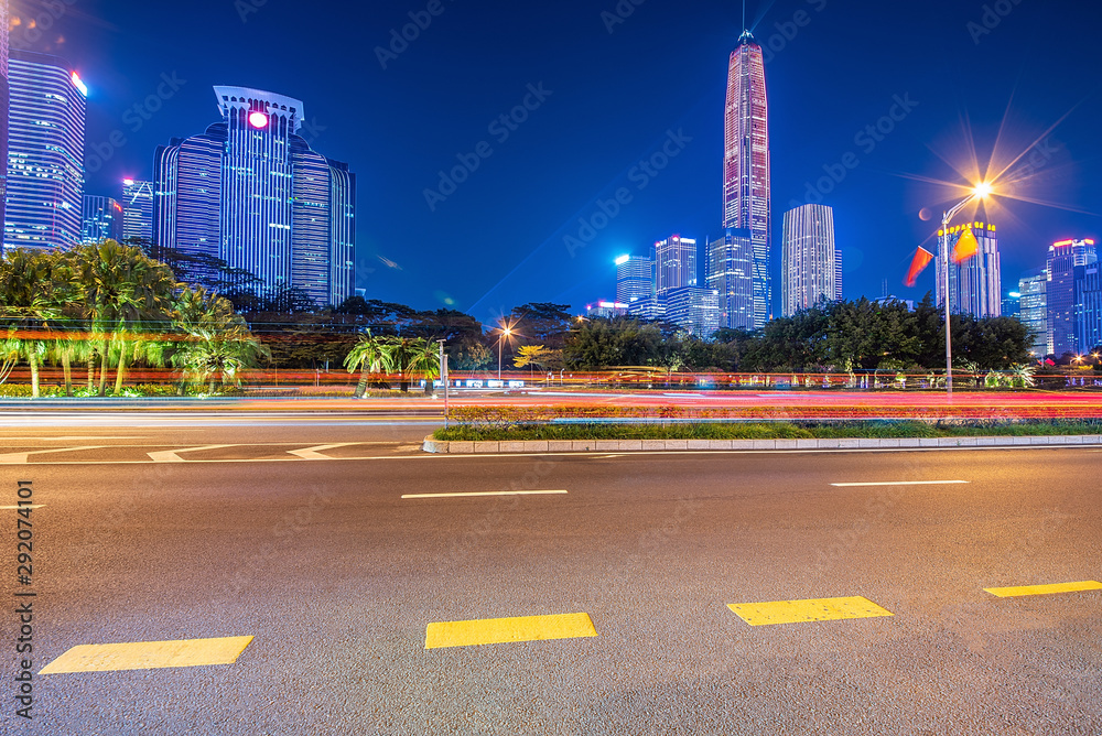 Shenzhen Futian CBD building and urban road traffic light rail night scene