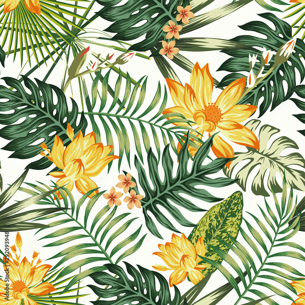 Orange flowers green leaves seamless pattern white background