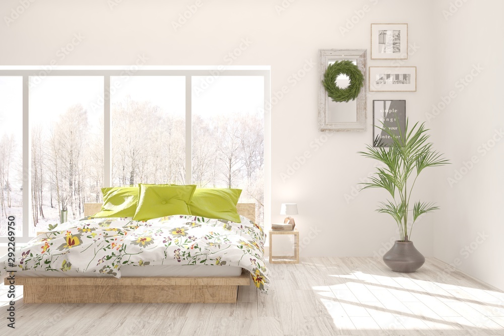 Stylish bedroom in white color with winter landscape in window. Scandinavian interior design. 3D ill