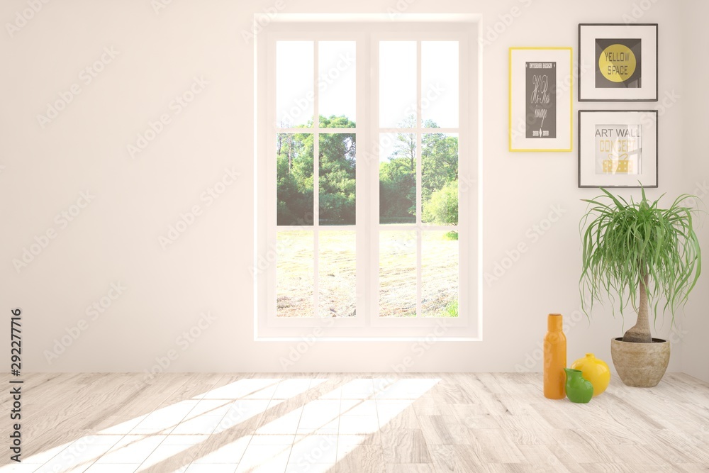 Stylish empty room in white color with summer landscape in window. Scandinavian interior design. 3D 