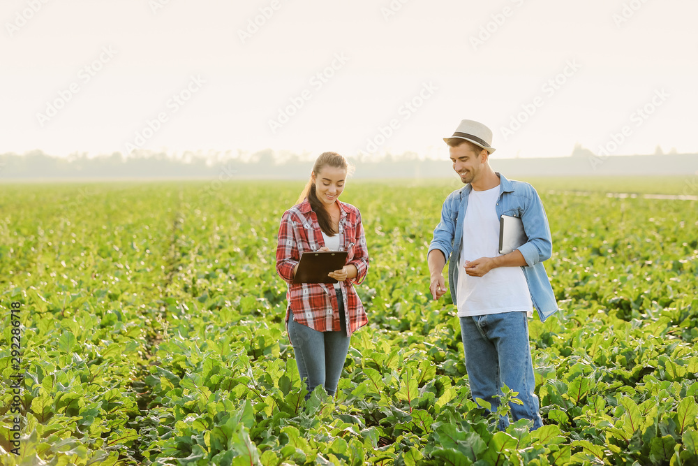 Young farmers working in field