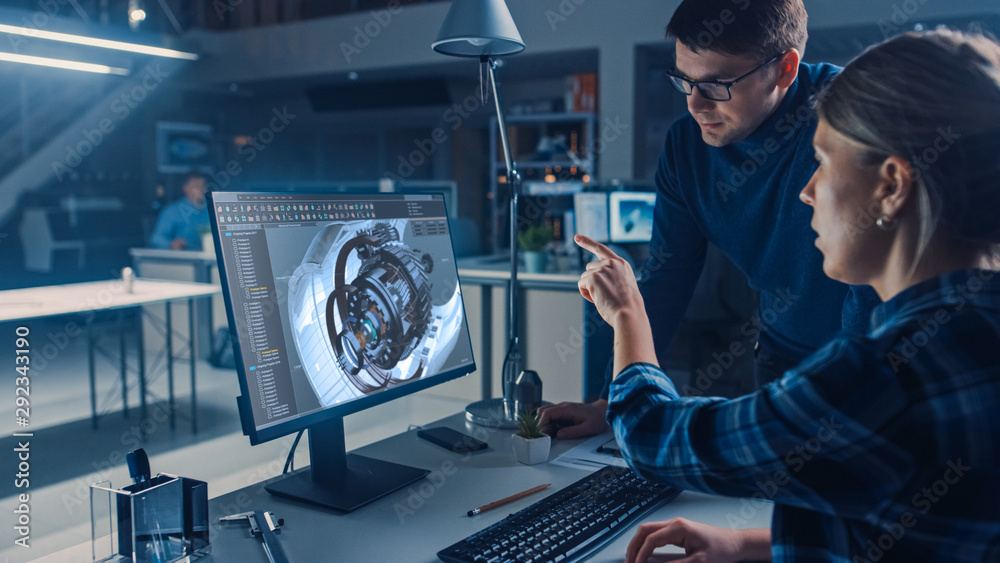 Engineer Working on Desktop Computer, Screen Showing CAD Software with Engine 3D Model, Her Male Pro