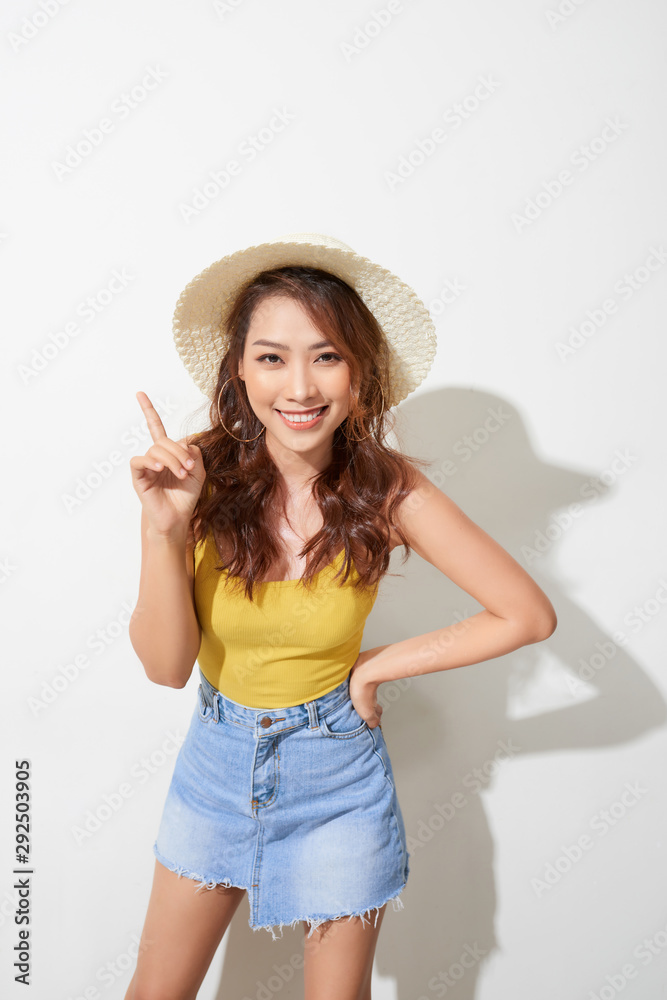 Asian woman wears hat with white  background