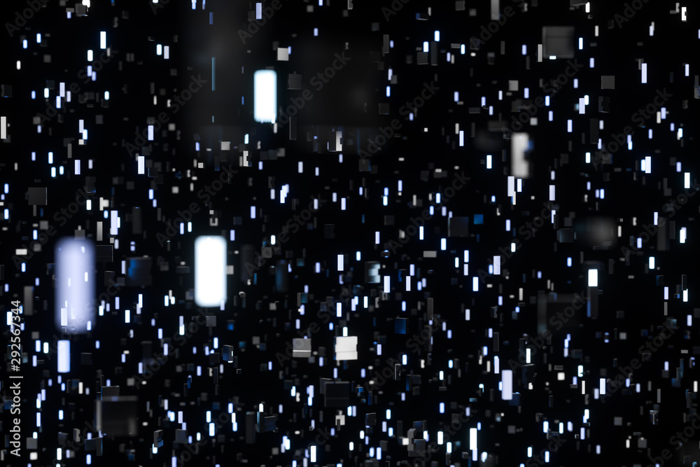 A room full with dark cubes, Illuminated by glowing cubes, 3d rendering