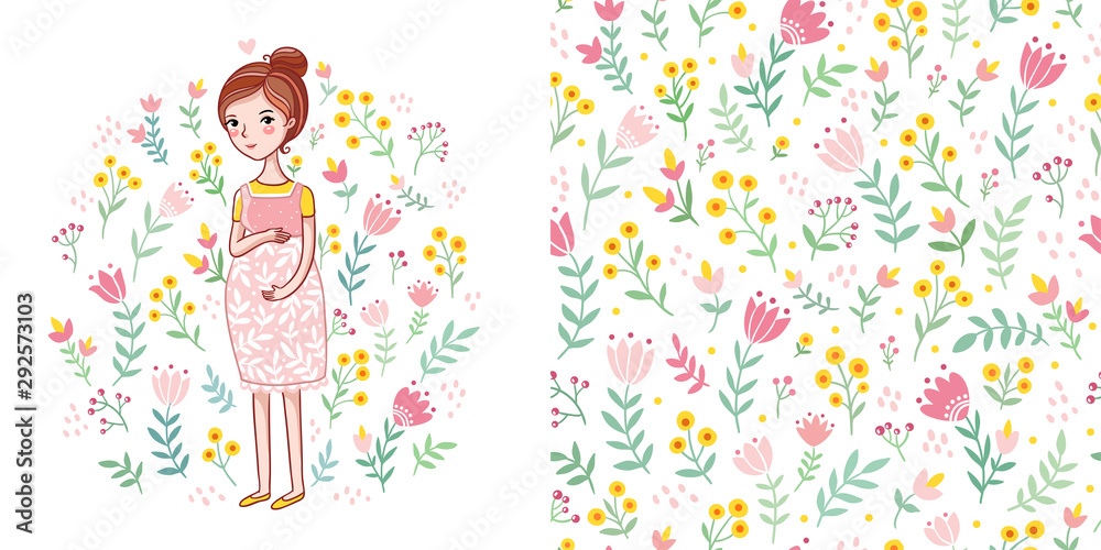 Vector illustration in cartoon style with a pregnant girl in pink colors.