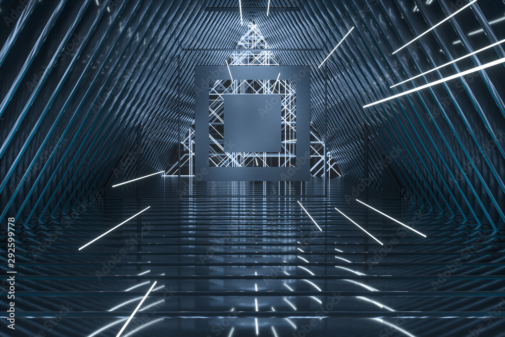 Dark triangle tunnel with glowing hud lines, 3d rendering