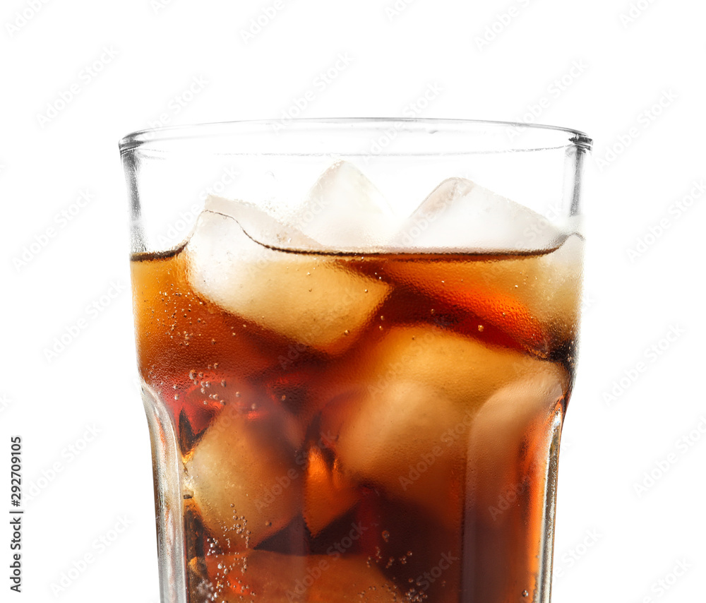 Glass of cold cola on white background