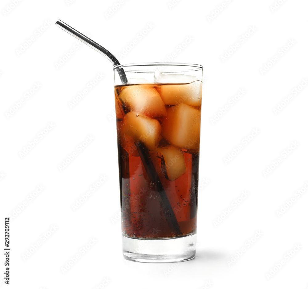 Glass of cold cola on white background