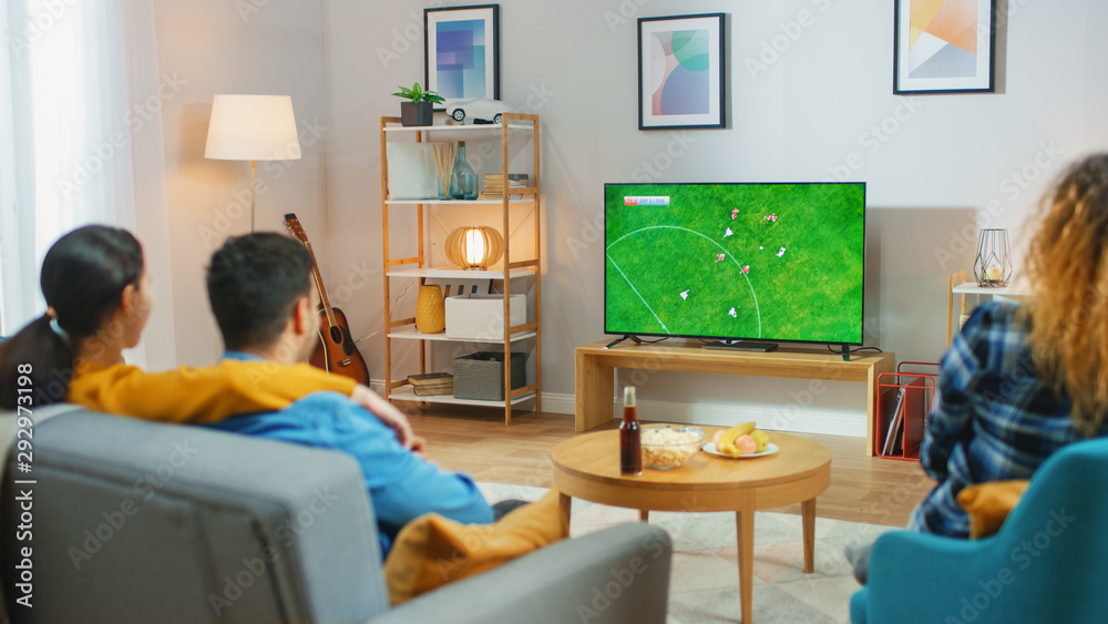 At Home Diverse Group of Sports Fans Watches Important Soccer Match on TV, They Cheer for the Team. 