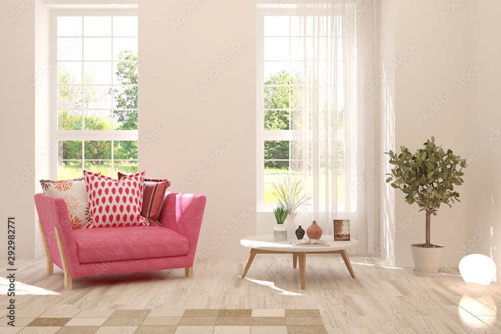 Mock up of stylish room in white color with armchair and green landscape in window. Scandinavian int