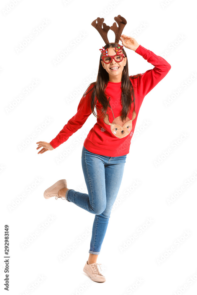 Funny young woman in Christmas sweater on white background